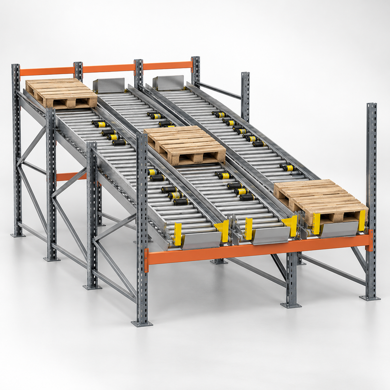 Pallet Flow and Gravity Racking product concept render