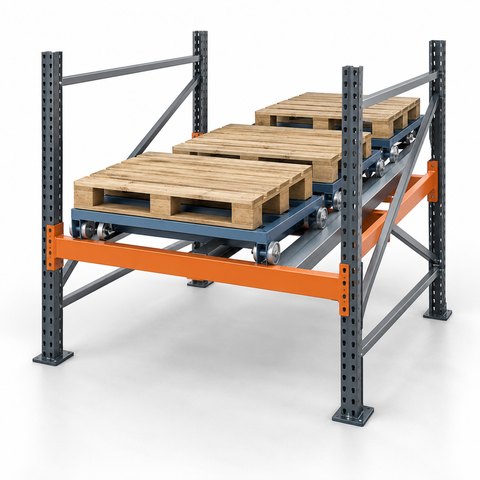 Push-Back Pallet Racking product concept render